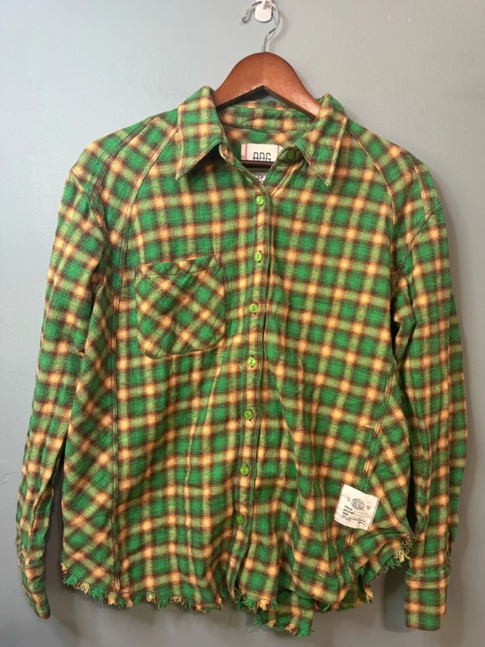BDG Urban Outfitters Brixton Green Plaid Flannel Shirt with Raw Hem. Small - Picture 3 of 15